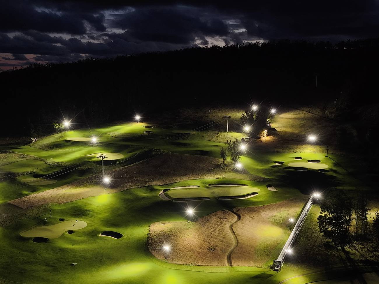Drone shot of Doon Brae at night